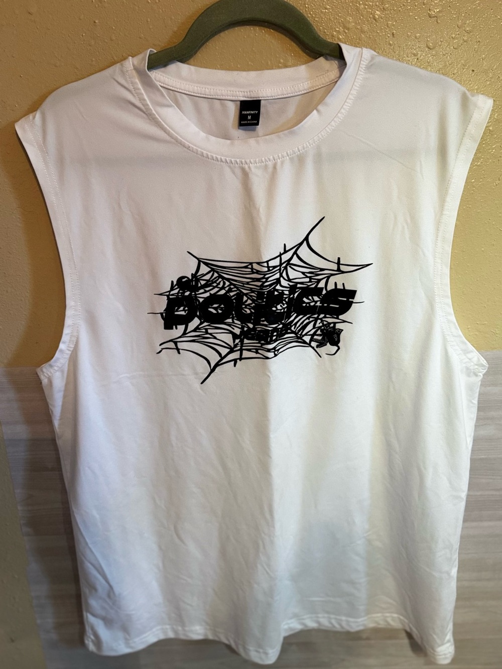 White Graphic Muscle Tank Top with Black Spiderweb Print